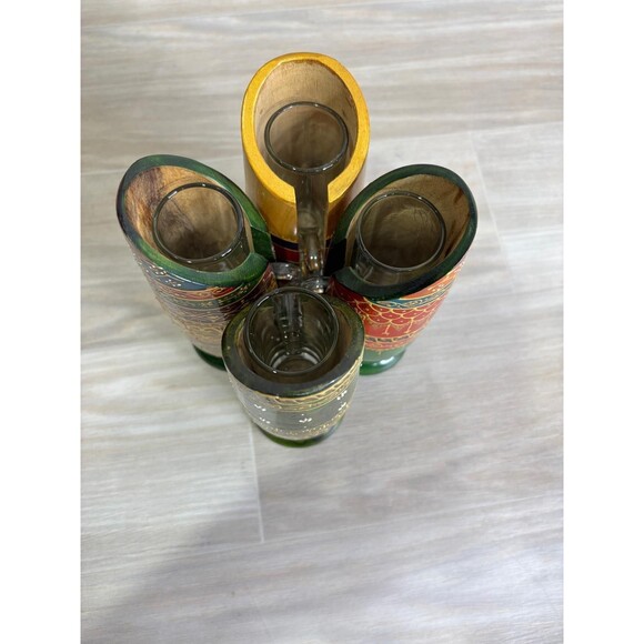 Handmade North Africa Olive Wood 4 Shot Mugs Hand Crafted Glass Mugs Colorful - Picture 10 of 12